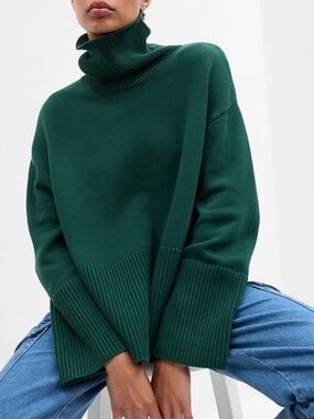 Gap 24/7 Split Hem Turtleneck Sweater Green Cotton XL Oversized